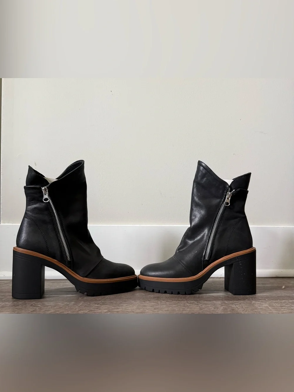 Free People Black Leather Zip Platform Ankle Boots with Tan Trim